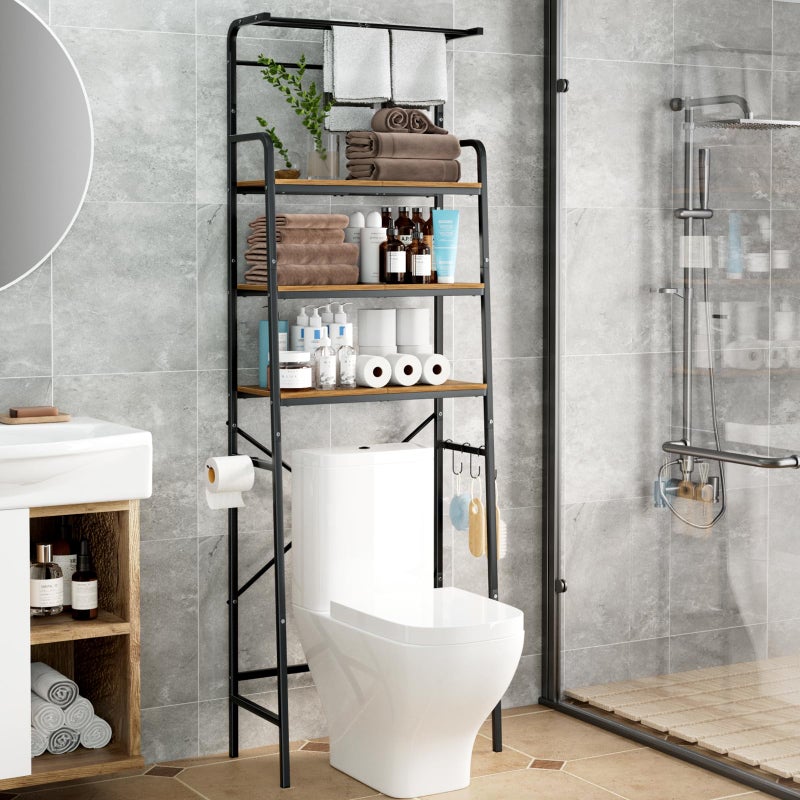 REFGY Over-The-Toilet Storage Rack, 3-Tier Bathroom Organizer Shelf with Hanging Bar, Industrial Metal Frame with Rustic Wood Shelves, Space-Saving Storage Solution for Laundry Room and Bathroom - Image 1