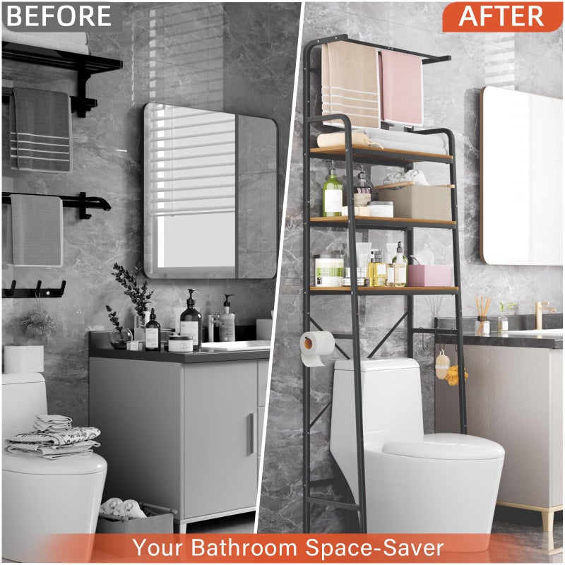 REFGY Over-The-Toilet Storage Rack, 3-Tier Bathroom Organizer Shelf with Hanging Bar, Industrial Metal Frame with Rustic Wood Shelves, Space-Saving Storage Solution for Laundry Room and Bathroom - Image 3