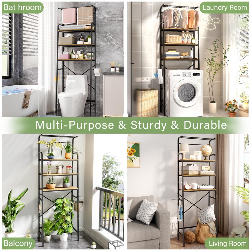 REFGY Over-The-Toilet Storage Rack, 3-Tier Bathroom Organizer Shelf with Hanging Bar, Industrial Metal Frame with Rustic Wood Shelves, Space-Saving Storage Solution for Laundry Room and Bathroom - Image 2