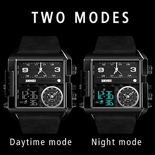 Gosasa Men's Square Large Face Digital Sports Watch, LED Analog Quartz Wrist Watch with Multi-Time Zone 50M Waterproof Stopwatch (Full Black Watch) - Image 3