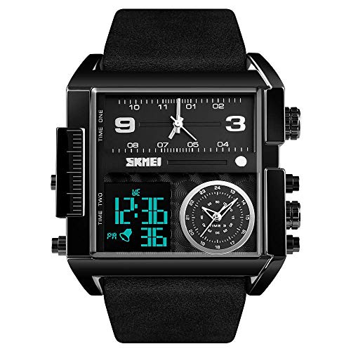 Gosasa Men's Square Large Face Digital Sports Watch, LED Analog Quartz Wrist Watch with Multi-Time Zone 50M Waterproof Stopwatch (Full Black Watch) - Image 1