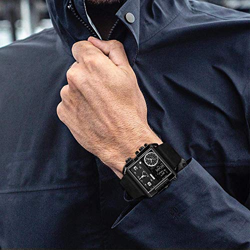Gosasa Men's Square Large Face Digital Sports Watch, LED Analog Quartz Wrist Watch with Multi-Time Zone 50M Waterproof Stopwatch (Full Black Watch) - Image 2