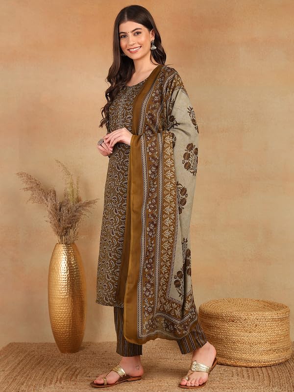 Vaamsi Women's Rayon Blend Ethnic Motifs Straight Printed Kurta Pant With Dupatta (VKSKD2216BRN_S_Brown) - Image 2