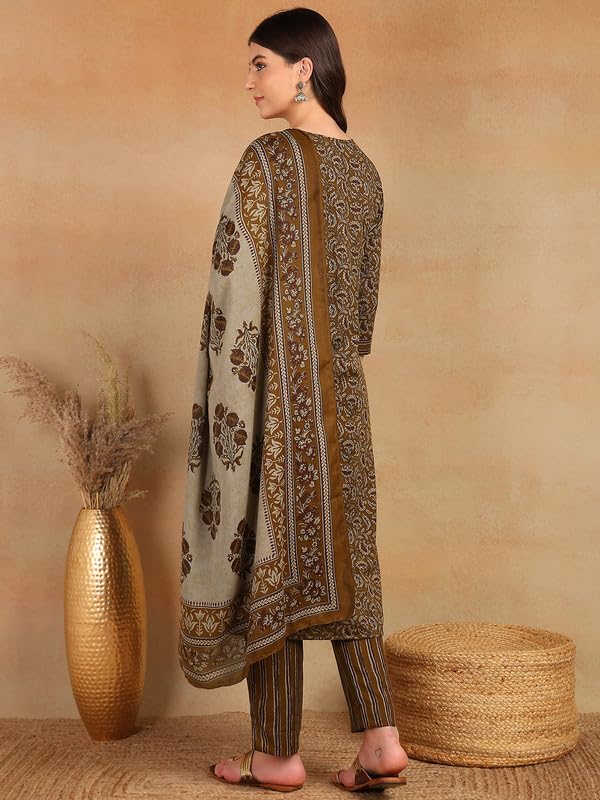 Vaamsi Women's Rayon Blend Ethnic Motifs Straight Printed Kurta Pant With Dupatta (VKSKD2216BRN_S_Brown) - Image 4