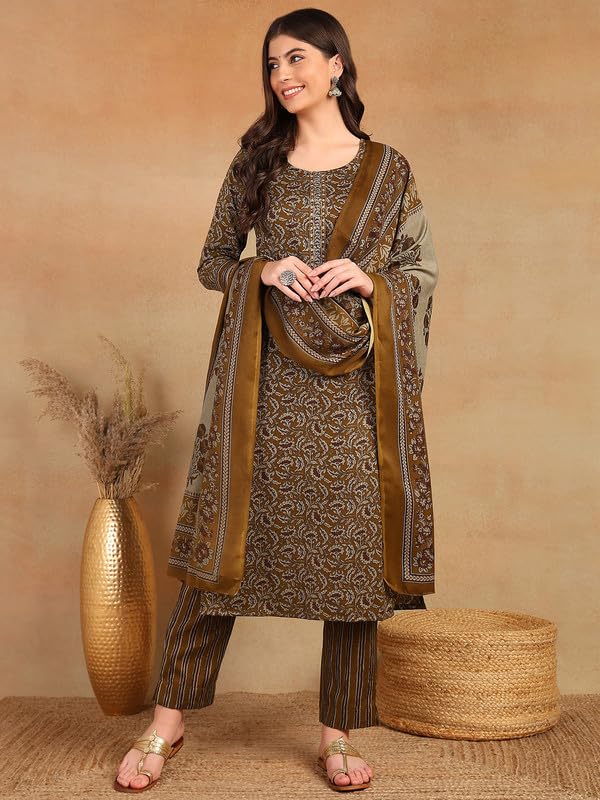 Vaamsi Women's Rayon Blend Ethnic Motifs Straight Printed Kurta Pant With Dupatta (VKSKD2216BRN_S_Brown) - Image 5