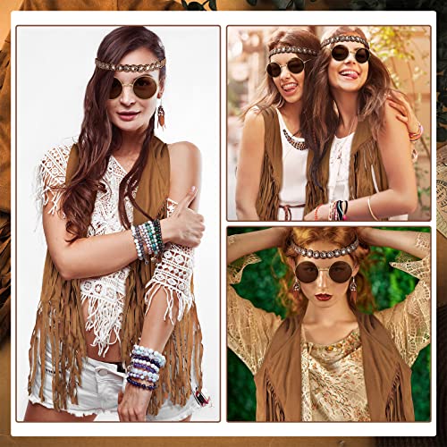 Leumoi 5 Pcs 60s 70s Costume for Women Disco Outfits Hippie Accessories Fringe Vest Boho Flared Pants Set for Halloween(X-Large,Retro) - Image 4