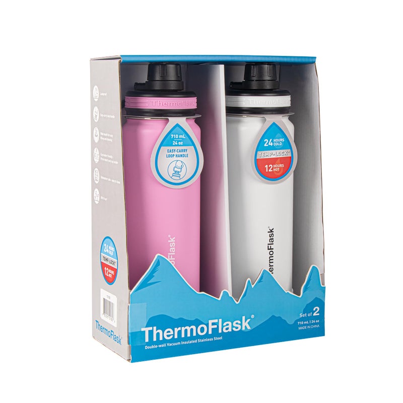 ThermoFlask زجاجة ثيرمو فلاسک مع غطاء صنبور - زجاجات مياه من الفولاذ المقاوم للصدأ مع عزل مزدوج الجدران وأغطية صنبور خالية من BPA - زجاجات وأغطية قابلة لإعادة الاستخدام مقاومة للتسرب - 24 أونصة، أبيض قطبي/فراولة (عبوة 2) - Image 2