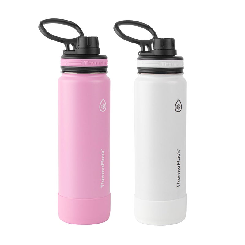 ThermoFlask زجاجة ثيرمو فلاسک مع غطاء صنبور - زجاجات مياه من الفولاذ المقاوم للصدأ مع عزل مزدوج الجدران وأغطية صنبور خالية من BPA - زجاجات وأغطية قابلة لإعادة الاستخدام مقاومة للتسرب - 24 أونصة، أبيض قطبي/فراولة (عبوة 2) - Image 1