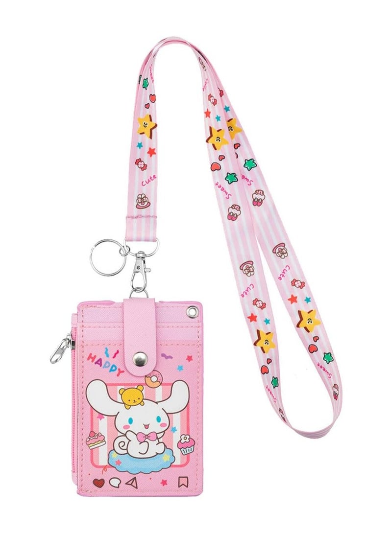 Cute ID Card Holder with Lanyard, Durable PU Leather Cartoon ID Card Holder with Zip Pocket Wallet Keychain Lanyard for Students Teenage Staff - Image 1