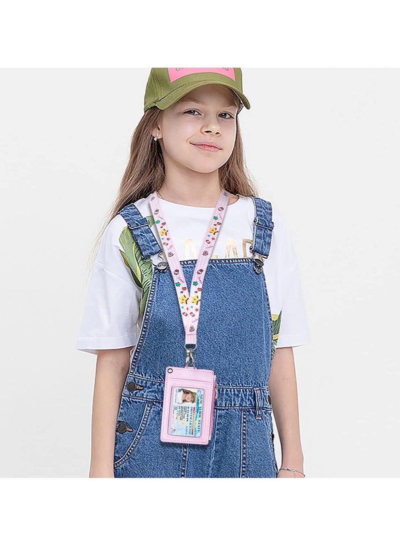 Cute ID Card Holder with Lanyard, Durable PU Leather Cartoon ID Card Holder with Zip Pocket Wallet Keychain Lanyard for Students Teenage Staff - Image 2
