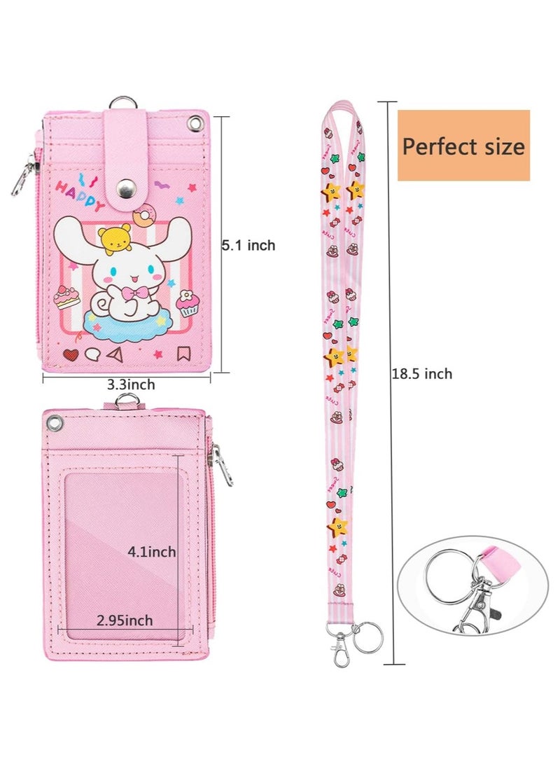 Cute ID Card Holder with Lanyard, Durable PU Leather Cartoon ID Card Holder with Zip Pocket Wallet Keychain Lanyard for Students Teenage Staff - Image 4