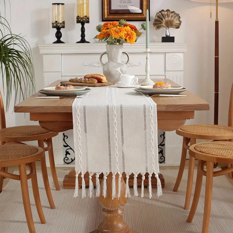 Niviy Ivory White Rustic Linen Table Runner 72 Inches Long with Tassels, Embroidered Table Runner Farmhouse for Party, Dresser Decor and Dining Room Decorations (White, 12"Ã—72") - Image 2