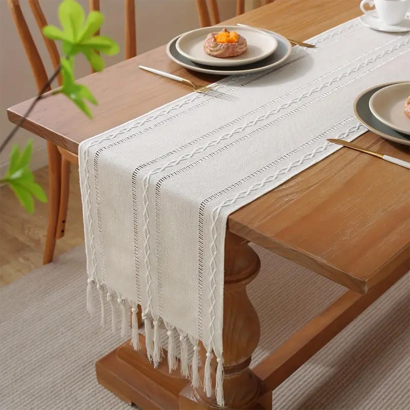 Niviy Ivory White Rustic Linen Table Runner 72 Inches Long with Tassels, Embroidered Table Runner Farmhouse for Party, Dresser Decor and Dining Room Decorations (White, 12"Ã—72") - Image 3