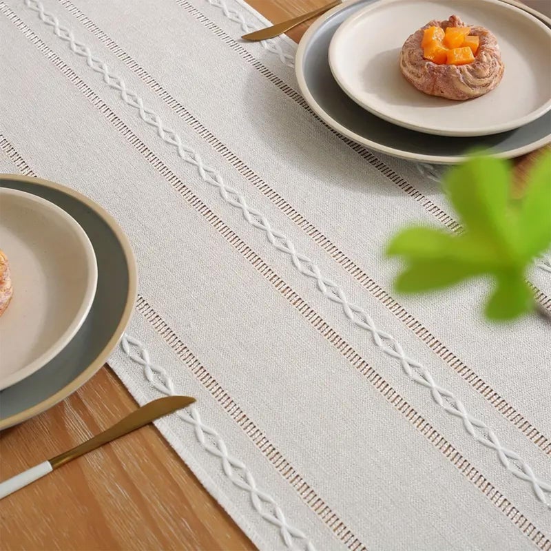 Niviy Ivory White Rustic Linen Table Runner 72 Inches Long with Tassels, Embroidered Table Runner Farmhouse for Party, Dresser Decor and Dining Room Decorations (White, 12"Ã—72") - Image 5