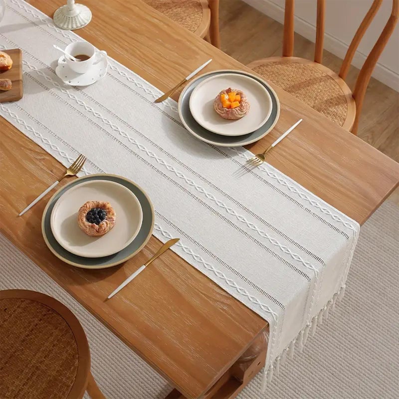 Niviy Ivory White Rustic Linen Table Runner 72 Inches Long with Tassels, Embroidered Table Runner Farmhouse for Party, Dresser Decor and Dining Room Decorations (White, 12"Ã—72") - Image 4