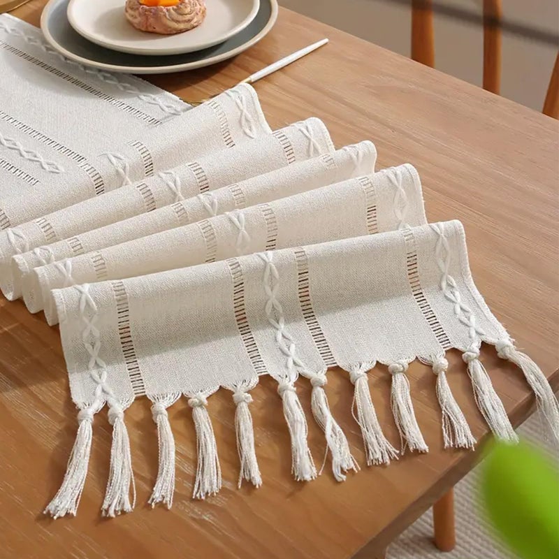 Niviy Ivory White Rustic Linen Table Runner 72 Inches Long with Tassels, Embroidered Table Runner Farmhouse for Party, Dresser Decor and Dining Room Decorations (White, 12"Ã—72") - Image 1