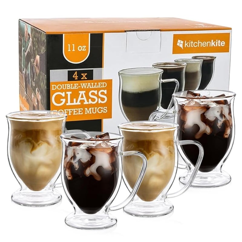 Kitchen Kite Double Wall Glass Coffee Mugs  11oz Dishwasher  Microwave Safe Clear Mugs Set of 4  Insulated Design Ideal as Cups for Tea Latte Cappuccino Nespresso Hot  Cold Beverages