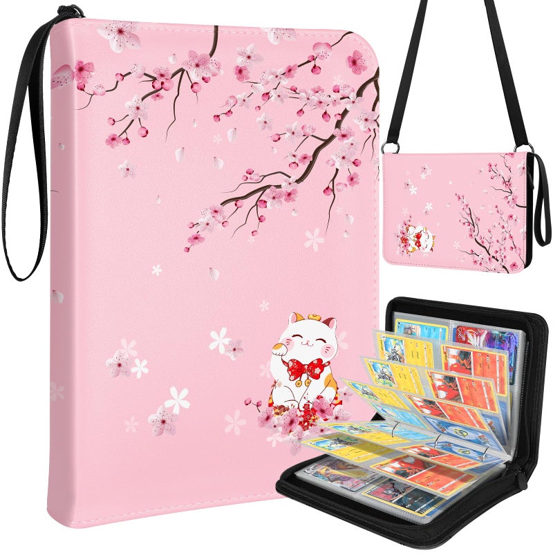 Lotadilo for Card Binder with 440 Pockets 4 Pocket Trading Card Collection Album Folder for Kids Girls Girly Boys Teens for Sports Cards Game Cards with Zipper Hand Carrying Sakura Cat - Image 2