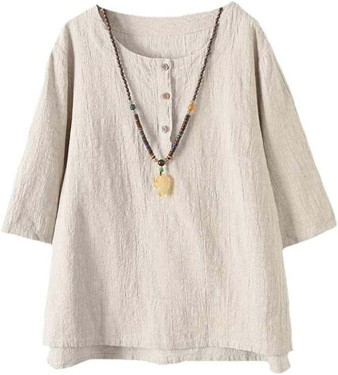 Minibee Women's 3/4 Sleeve Cotton Linen Jacquard Blouses Top T-Shirt (2XL, Apricot) - Image 1