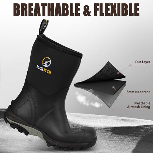 Kalkal Rubber Boots for Men, Waterproof Mid Calf Mens Rain Boots, 6mm Neoprene Insulated Mens Rubber Work Boots for Hunting Gardening Farming Fishing Mud Working, Size 7-14 - Image 3