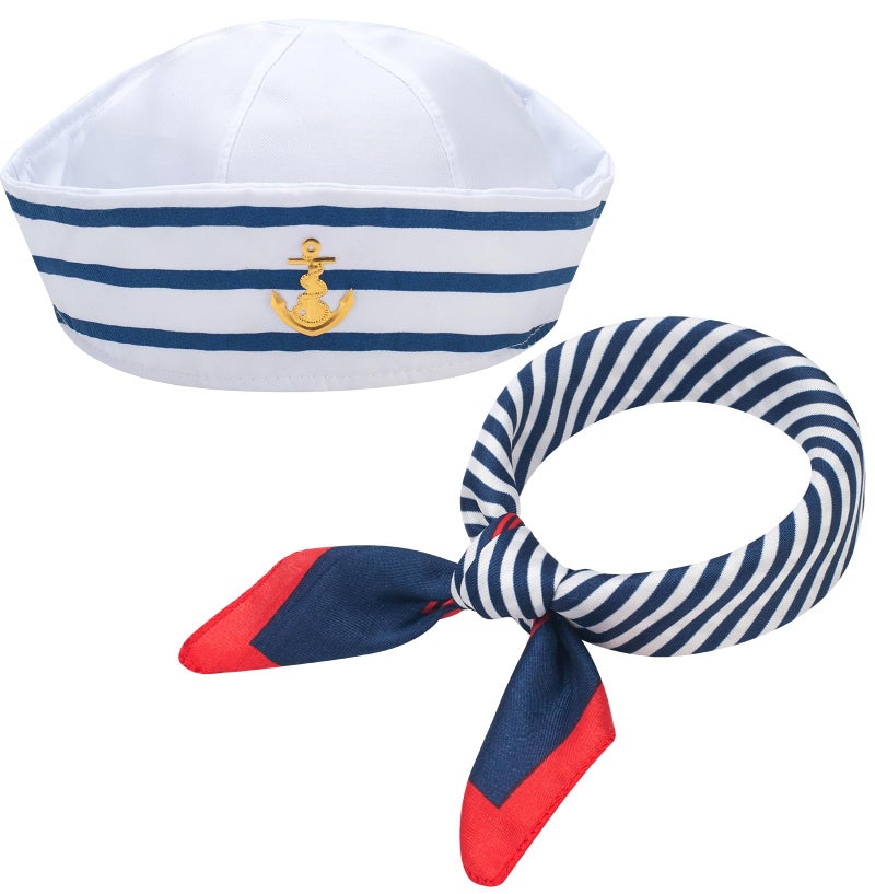 ERDOGLY Sailor Hat for Women Men, White Sailor Costume Accessories with Nautical Outfits Sailor Scarf Set, 2Pcs Yacht Captain Hat, Navy Cap for Captains Dressing up Party, (Blue, White) - Image 1