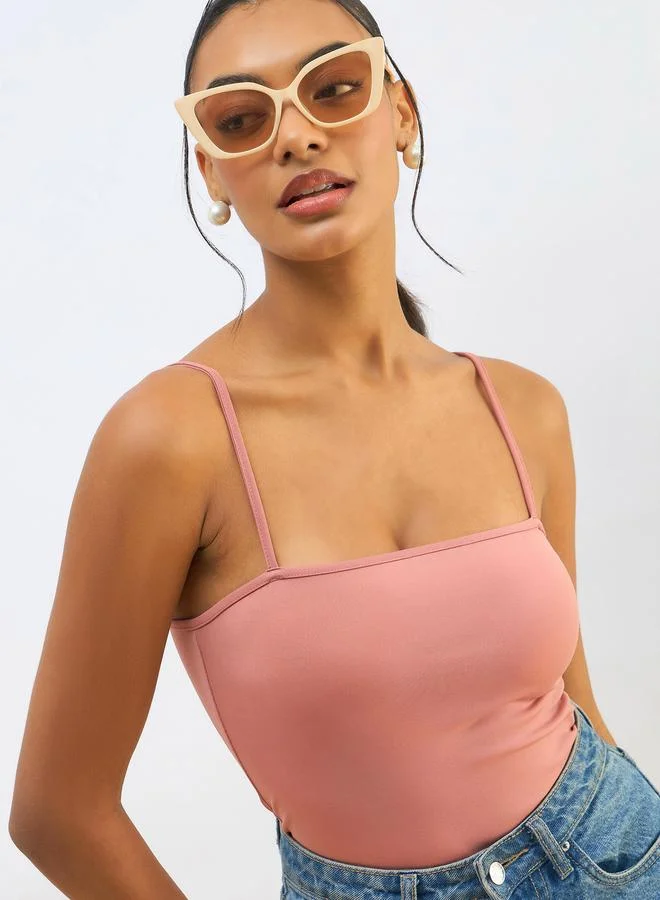 SASSAFRAS Women Pink Strappy Knit Bodysuit
