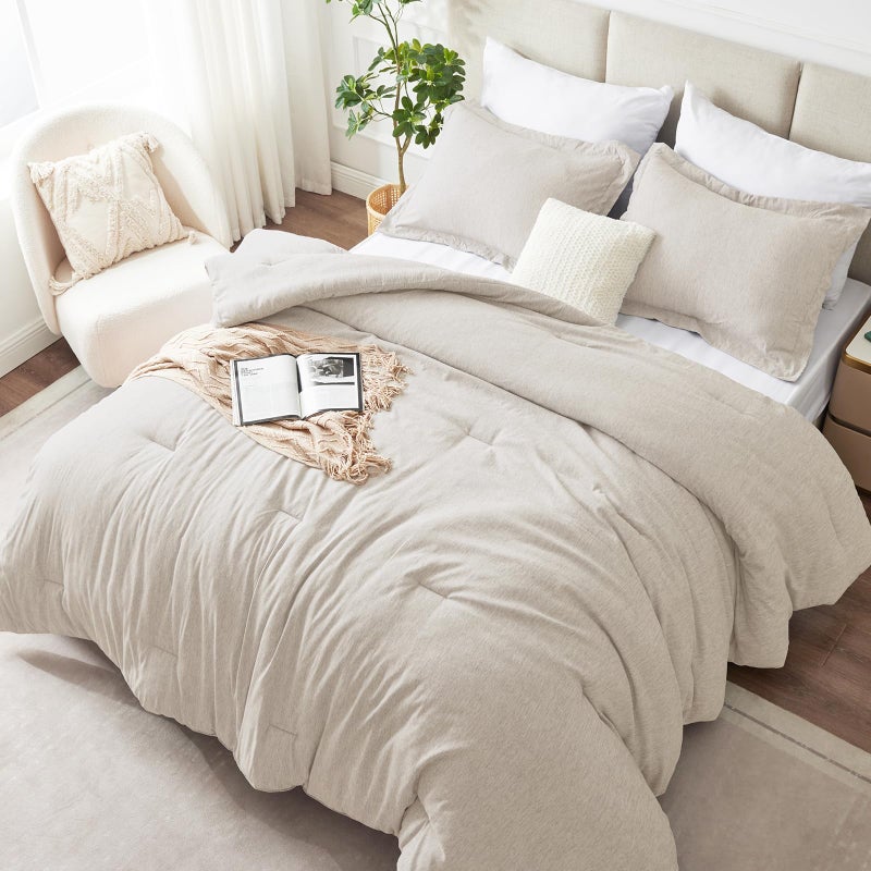 CozyLux King Size Comforter Set - 3 Pieces Beige Soft Luxury Cationic Dyeing Bedding Comforter for All Season, Breathable Lightweight Fluffy Boho Bed Sets with 1 Comforter and 2 Pillow Shams - Image 1