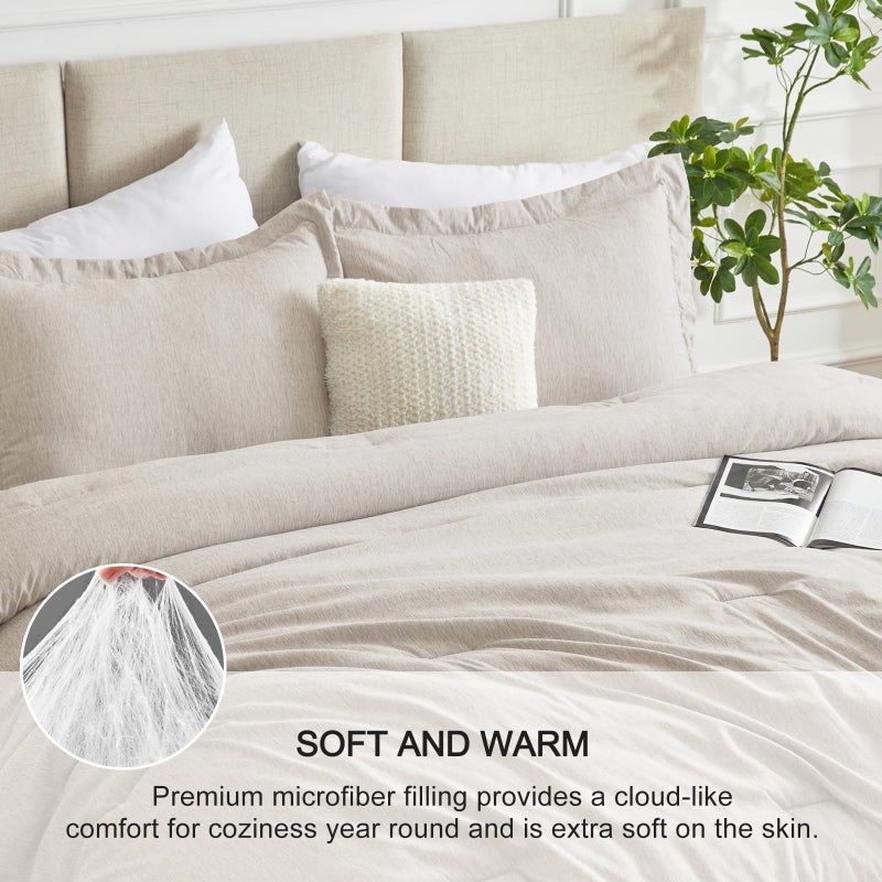 CozyLux King Size Comforter Set - 3 Pieces Beige Soft Luxury Cationic Dyeing Bedding Comforter for All Season, Breathable Lightweight Fluffy Boho Bed Sets with 1 Comforter and 2 Pillow Shams - Image 3
