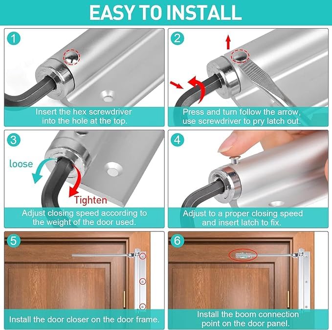 Shrux Spring Door Closer Door Closers to Convert Hinged Doors Alloy Automatic Fire Rated Door Closer SelfClosing Adjustable Automatic Closing Gate Doors Stainless Steel Spring Door Closer - Image 4