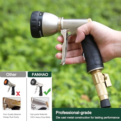 Fanhao فوهة خرطوم الحديقة FANHAO، فوهة خرطوم ماء معدنية ثقيلة 100% مع 7 أنماط رش، رشاش يدوي عالي الضغط مع مقبض مريح لري النباتات والحدائق، وغسل السيارات والحيوانات الأليفة - Image 5