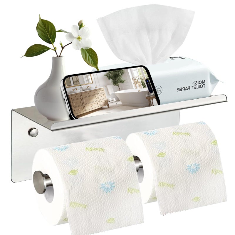 Bjiotun Toilet Paper Holder Wall Mount with Shelf Bjiotun Stainless Steel Toilet Paper Storage Tissue Roll Holder for Bathroom Storage Holds - Image 1