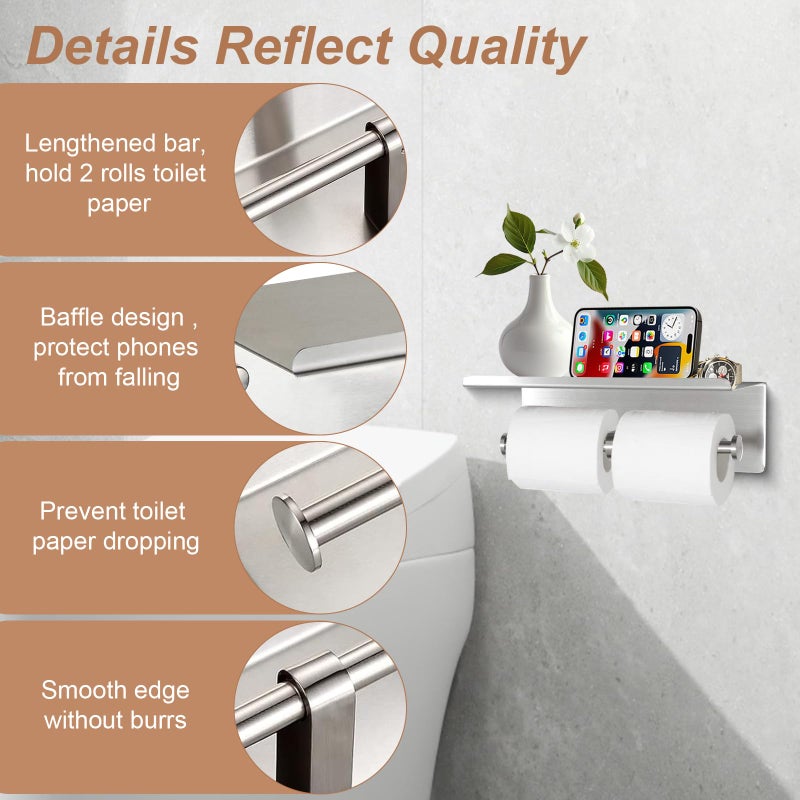 Bjiotun Toilet Paper Holder Wall Mount with Shelf Bjiotun Stainless Steel Toilet Paper Storage Tissue Roll Holder for Bathroom Storage Holds - Image 3