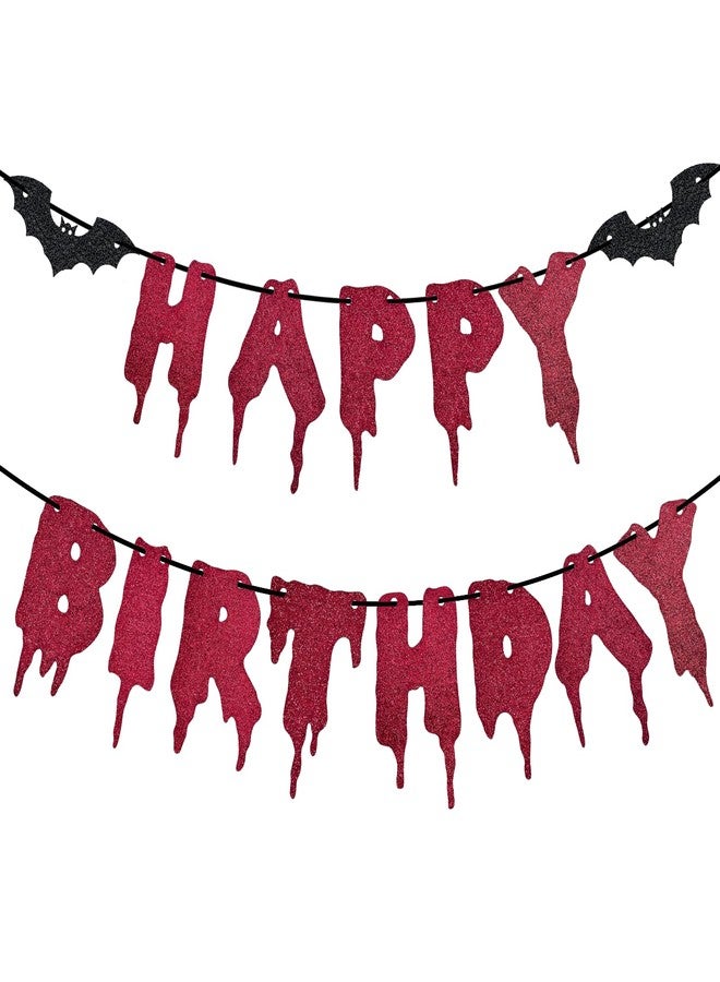 Morofme Glitter Halloween Happy Birthday Banner Glitter Red Halloween Themed Banner Sign with Bat Decor Red Happy Birthday Banners Sign Horror Hanging Banners for Party Supplies - Image 1