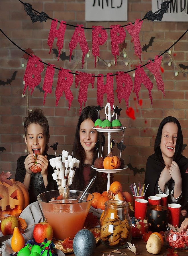 Morofme Glitter Halloween Happy Birthday Banner Glitter Red Halloween Themed Banner Sign with Bat Decor Red Happy Birthday Banners Sign Horror Hanging Banners for Party Supplies - Image 3