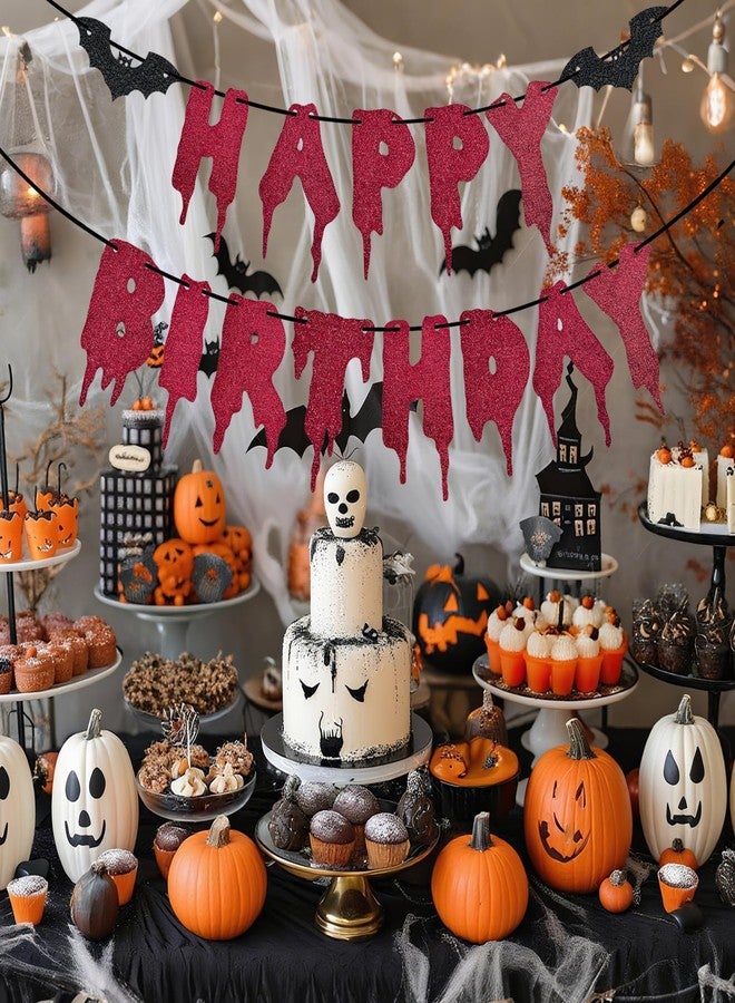 Morofme Glitter Halloween Happy Birthday Banner Glitter Red Halloween Themed Banner Sign with Bat Decor Red Happy Birthday Banners Sign Horror Hanging Banners for Party Supplies - Image 4