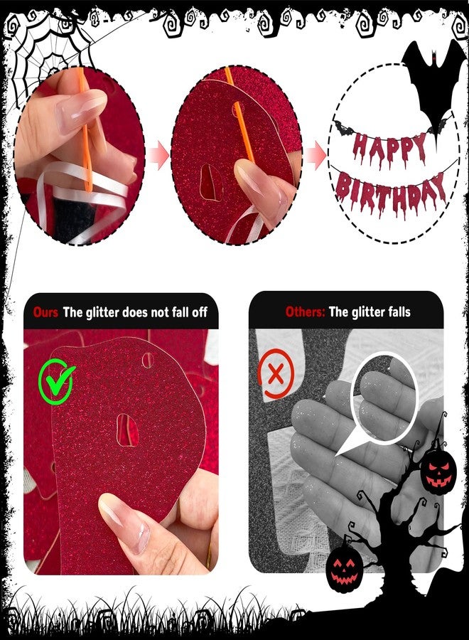 Morofme Glitter Halloween Happy Birthday Banner Glitter Red Halloween Themed Banner Sign with Bat Decor Red Happy Birthday Banners Sign Horror Hanging Banners for Party Supplies - Image 2