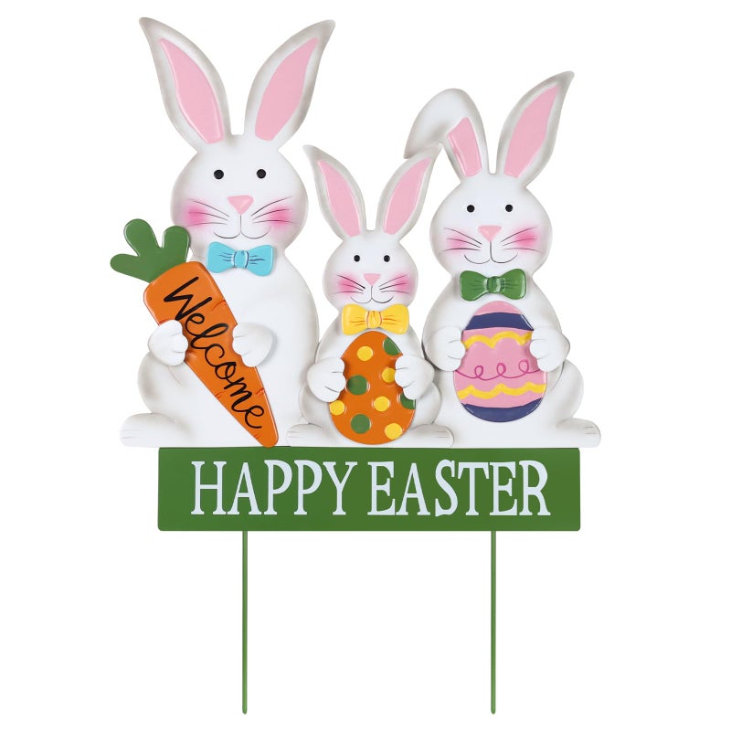 YEAHOME 3 Metal Bunny Decorative Garden Stakes for Easter Decor, Grey, Outdoor Decoration, Cottage Style, Water Resistant, Happy Easter Yard Sign - Image 1