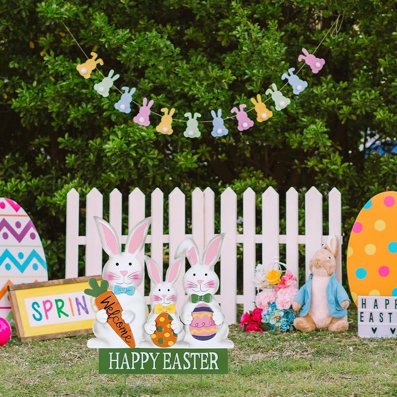 YEAHOME 3 Metal Bunny Decorative Garden Stakes for Easter Decor, Grey, Outdoor Decoration, Cottage Style, Water Resistant, Happy Easter Yard Sign - Image 2