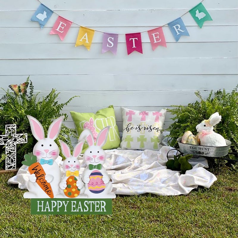 YEAHOME 3 Metal Bunny Decorative Garden Stakes for Easter Decor, Grey, Outdoor Decoration, Cottage Style, Water Resistant, Happy Easter Yard Sign - Image 5