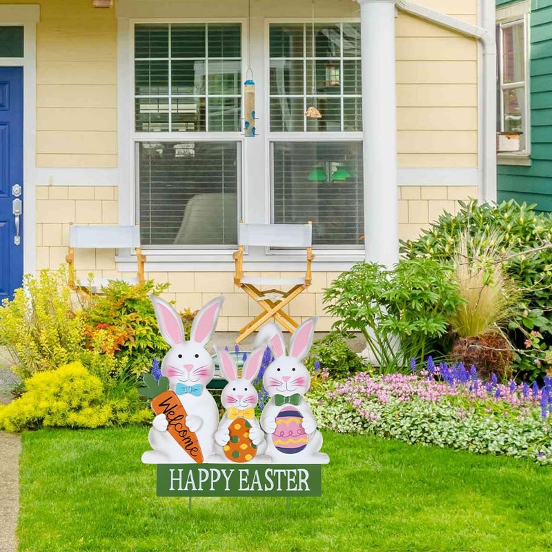 YEAHOME 3 Metal Bunny Decorative Garden Stakes for Easter Decor, Grey, Outdoor Decoration, Cottage Style, Water Resistant, Happy Easter Yard Sign - Image 3