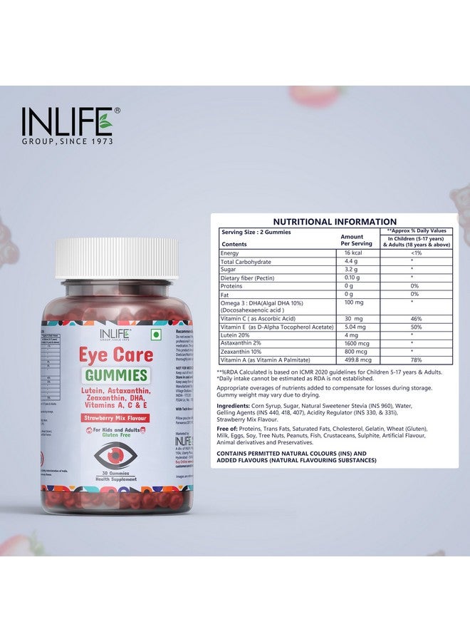 Inlife جومي العين من INLIFE للأطفال والبالغين | مكمل لوتين وزياكسانثين مع أوميغا 3 DHA من الطحالب، أستازانتين، فيتامين A وC وE لدعم صحة العين (30 حبة) - Image 2