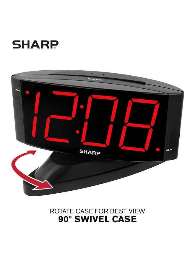 SHARP ساعة منبه رقمية LED منزلية من شارب - قاعدة دوارة - تعمل بالطاقة من المخرج، عملية بسيطة، منبه، زر الغفوة، خافت سطوع، عرض أرقام خضراء كبيرة، (أسود منتصف الليل - LED أحمر) - Image 3