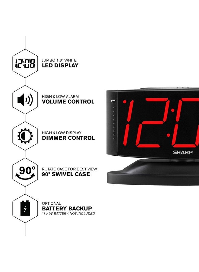 SHARP ساعة منبه رقمية LED منزلية من شارب - قاعدة دوارة - تعمل بالطاقة من المخرج، عملية بسيطة، منبه، زر الغفوة، خافت سطوع، عرض أرقام خضراء كبيرة، (أسود منتصف الليل - LED أحمر) - Image 1