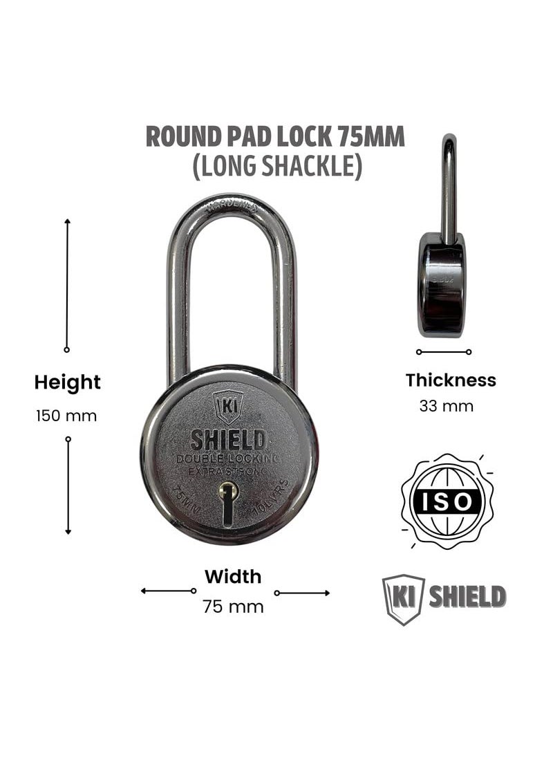 KI SHIELD KI SHIELD Round PAD Lock 75mm Long Shackle 10 Levers 3 Keys Silver Chrome Plated Color Keyed Padlocks Hasps Padlocks Durable Long Life Combo Pack of 2  - Image 2