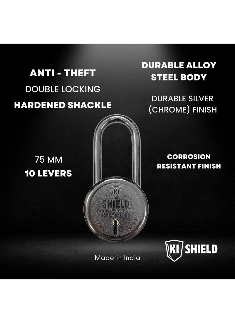 KI SHIELD KI SHIELD Round PAD Lock 75mm Long Shackle 10 Levers 3 Keys Silver Chrome Plated Color Keyed Padlocks Hasps Padlocks Durable Long Life Combo Pack of 2  - Image 5