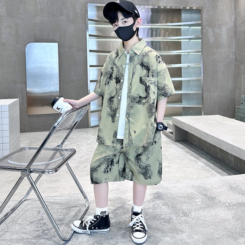 Boys' Summer Short-Sleeved Shirt Suit 2024 Children'S Boy'S Handsome Chinese Style Chinese Fashion Clothing - Image 1