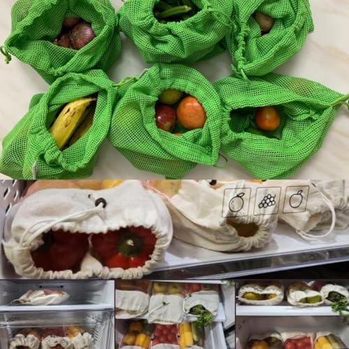 Fab Ellite Cotton Vegetable Bags Fridge Storage Bag Sabji Fruits Pouch Refrigerator Produce bags Clothe Muslin Reusable Washable with Drawstrings (Beige and Green, Pack of 12) - Image 4