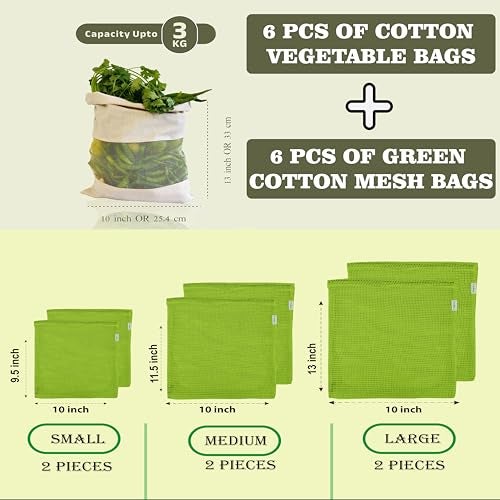 Fab Ellite Cotton Vegetable Bags Fridge Storage Bag Sabji Fruits Pouch Refrigerator Produce bags Clothe Muslin Reusable Washable with Drawstrings (Beige and Green, Pack of 12) - Image 2