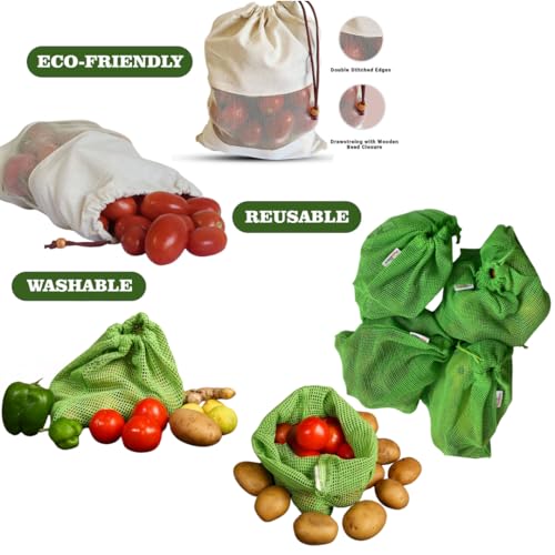 Fab Ellite Cotton Vegetable Bags Fridge Storage Bag Sabji Fruits Pouch Refrigerator Produce bags Clothe Muslin Reusable Washable with Drawstrings (Beige and Green, Pack of 12) - Image 3