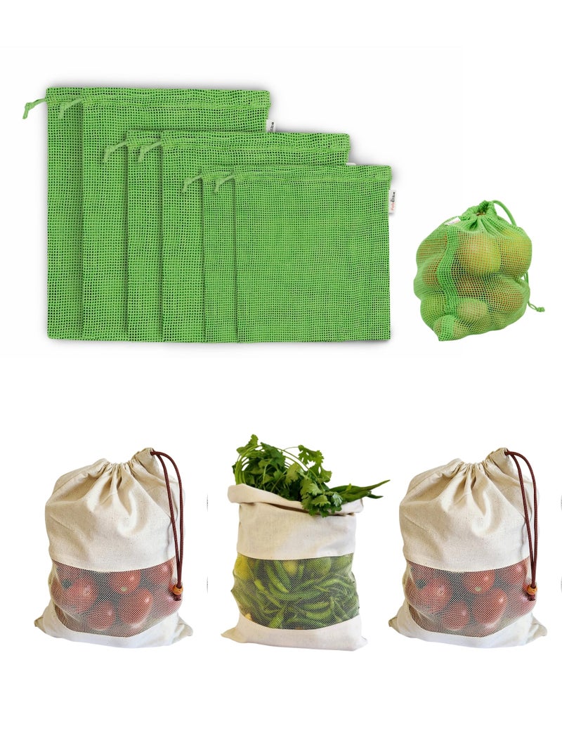 Fab Ellite Cotton Vegetable Bags Fridge Storage Bag Sabji Fruits Pouch Refrigerator Produce bags Clothe Muslin Reusable Washable with Drawstrings (Beige and Green, Pack of 12) - Image 1